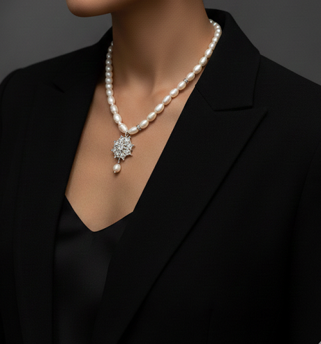 Untitled WHITE PEARL NECKLACE SET WITH CLEAR PENDANT