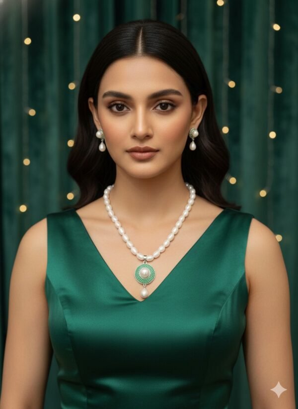WHITE PEARL NECKLACE SET WITH GREEN PENDANT WHITE PEARL NECKLACE SET WITH GREEN PENDANT