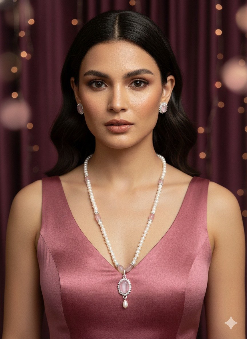 WHITE PEARL NECKLACE SET WITH ROSE QUARTZ PENDANT