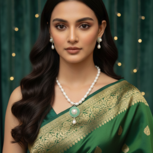 white pearl with green pendent necklace set WHITE PEARL NECKLACE SET WITH GREEN PENDANT