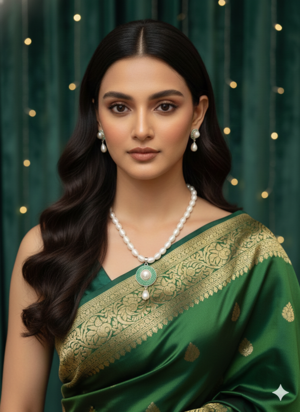 white pearl with green pendent necklace set WHITE PEARL NECKLACE SET WITH GREEN PENDANT